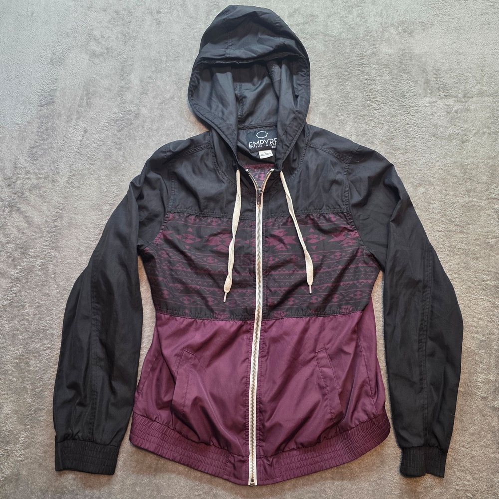 Empyre Windbreaker Jacket Mens L Purple Black Hooded Aztec Print Lightweight